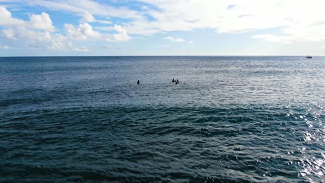 pull-out-shot-of-surfers-sitting-on-boards-waiting-for-waves-in-hawaii-on-a-sunny-day