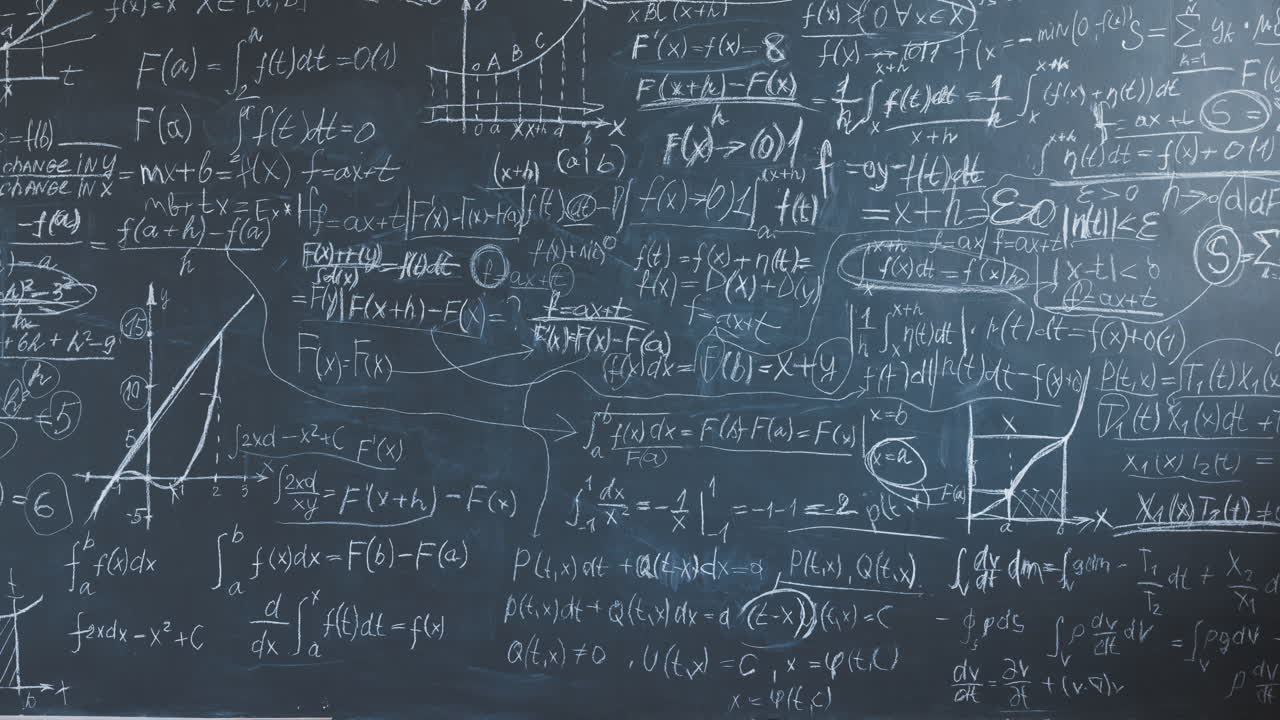 Student working on a chalkboard covered in complex equations