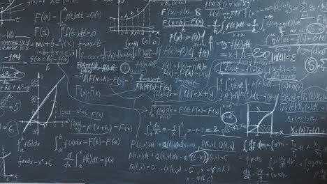 student working on a chalkboard covered in complex equations