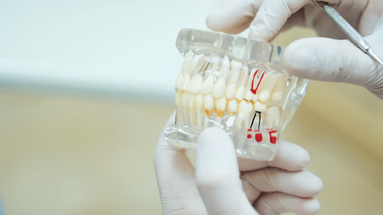Mock jaw in hands with rubber gloves. Doctor shows teeth and dentures close-up