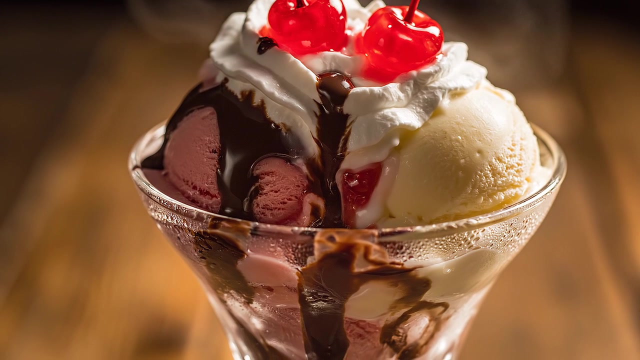 Delizioso gelato con salsa di cioccolato e ciliegie