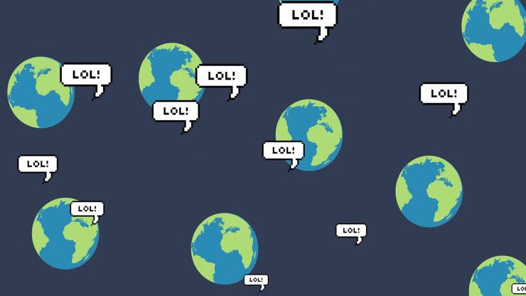 Animazione di LOL su globi galleggianti su sfondo blu scuro