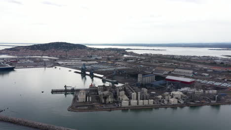 sete industrial harbor with mont saint clair in background aerial drone shot