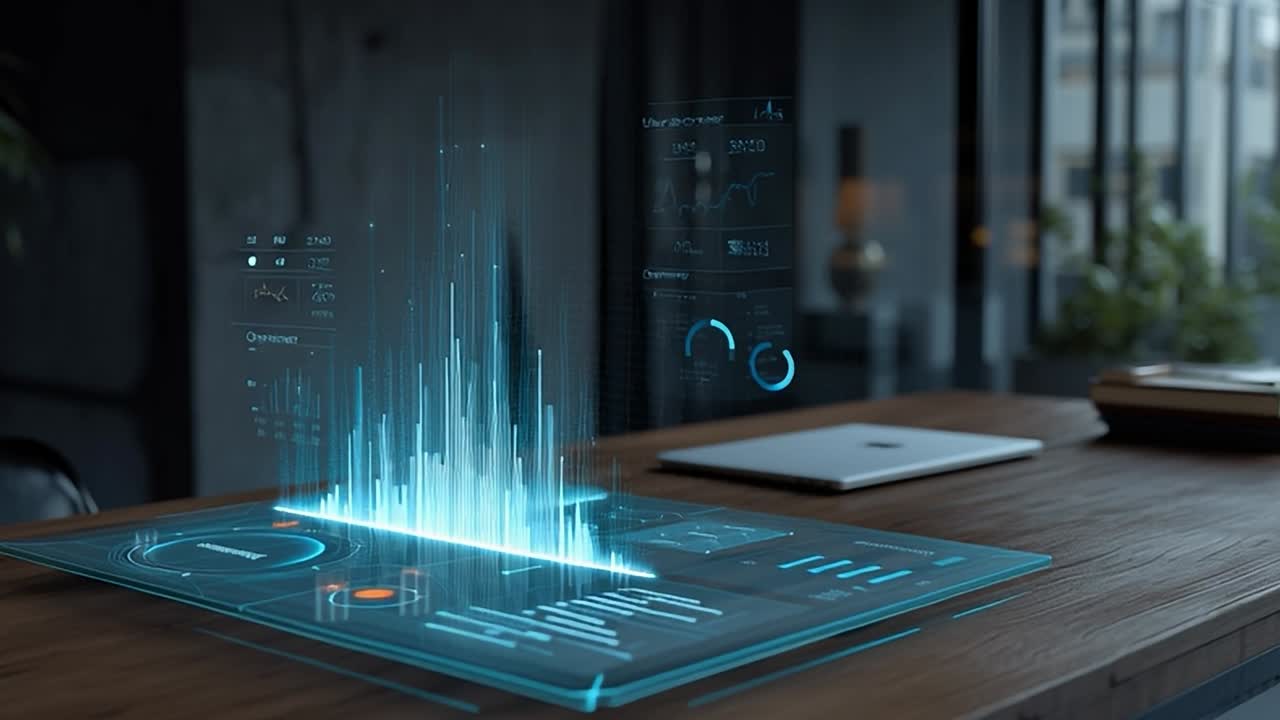 Modern workspace with holographic data visualization in evening light
