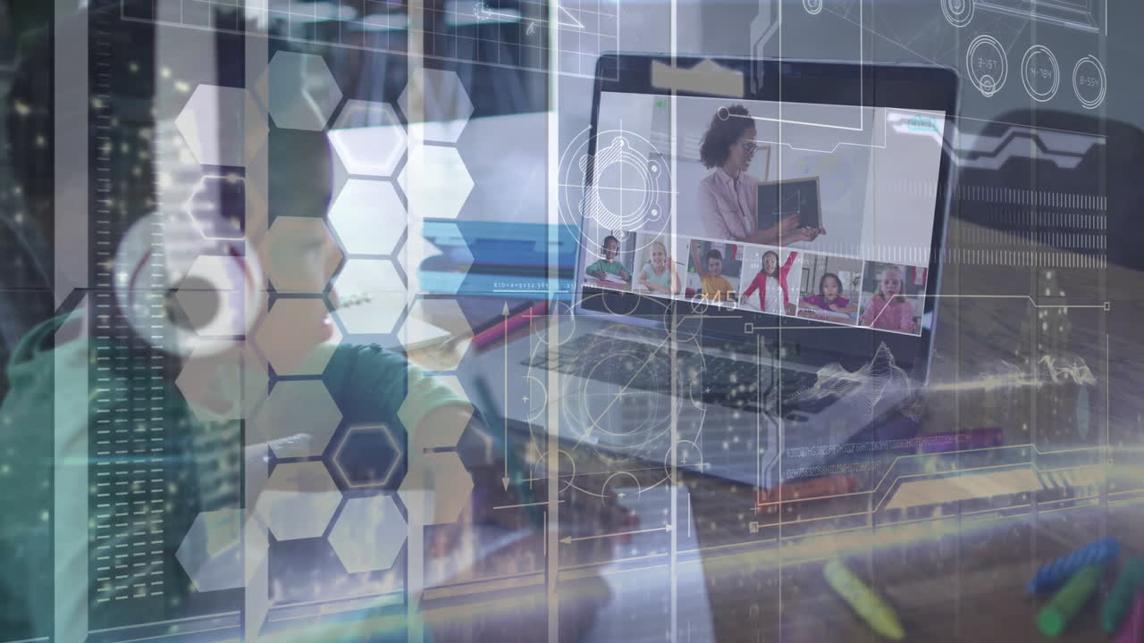 Virtual meeting on laptop with digital data processing animation overlay