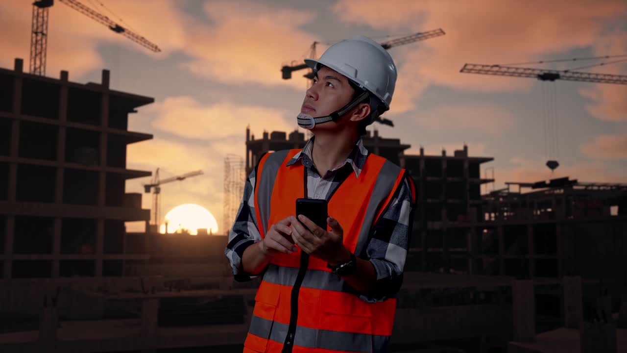 Asian Male Engineer With Safety Helmet Using Smartphone And Looking Around While Standing At Building & Construction Site in Progress to New House