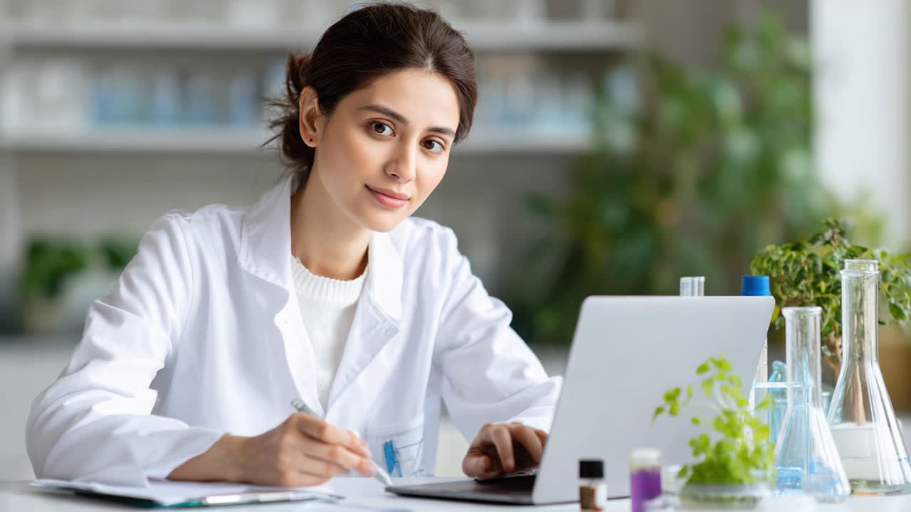 A focused scientist in a laboratory, conducting research and analyzing data on a laptop while surrounded by various scientific equipment and plants