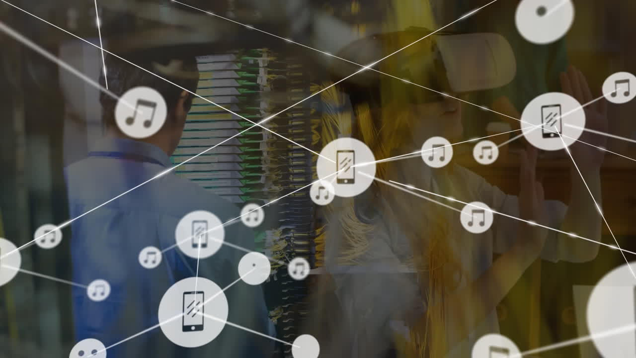 animación de una red de iconos digitales sobre una mujer caucásica que usa auriculares vr.