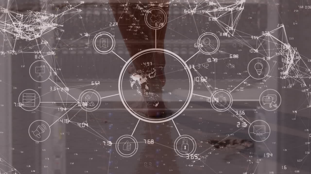 Animation of globe with icons, numbers connecting dots with african man walking at beach