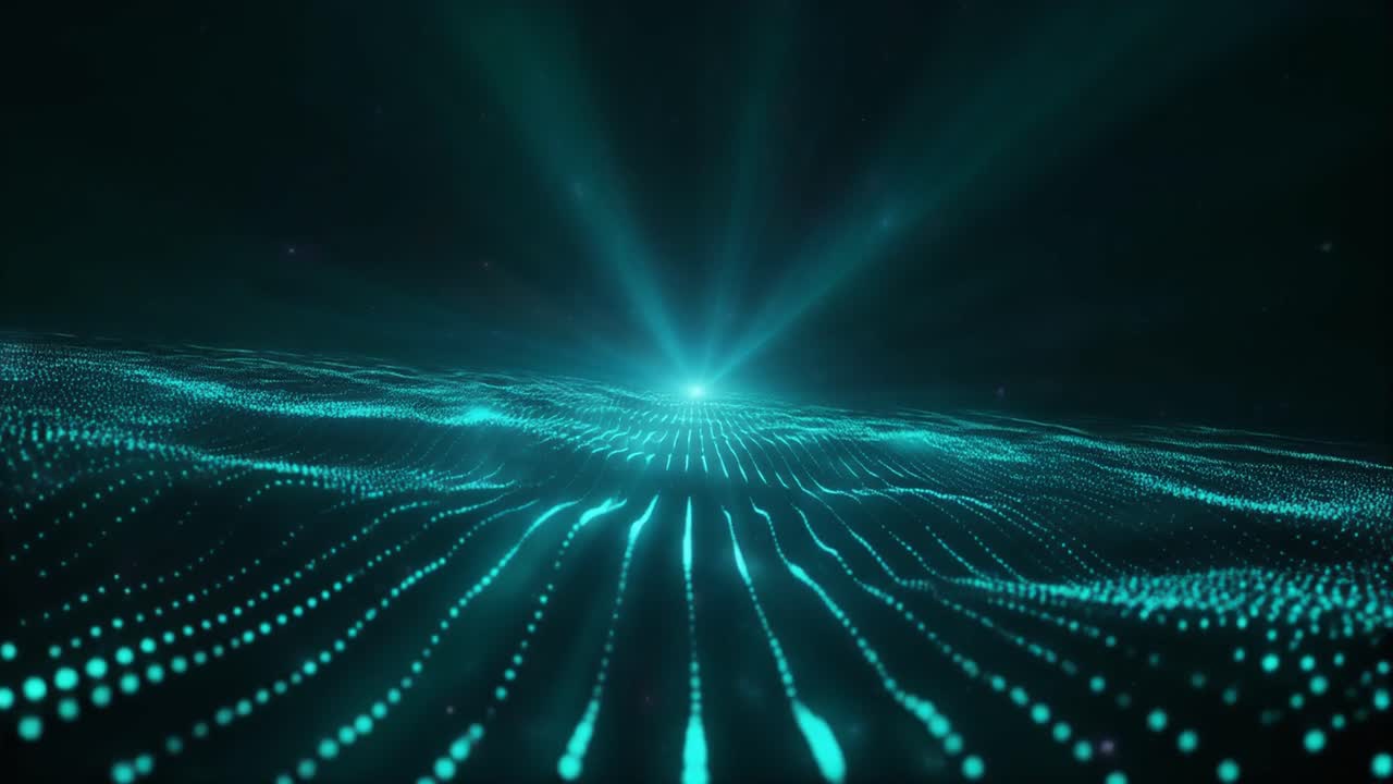 Abstract Digital Landscape with Flowing Teal Particles and Light