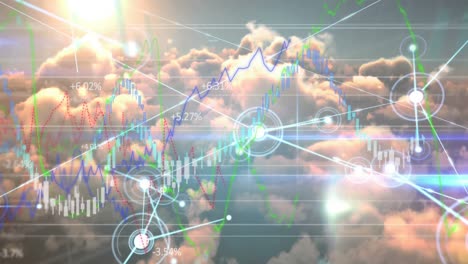 de conexiones y procesamiento de datos financieros contra el cielo azul