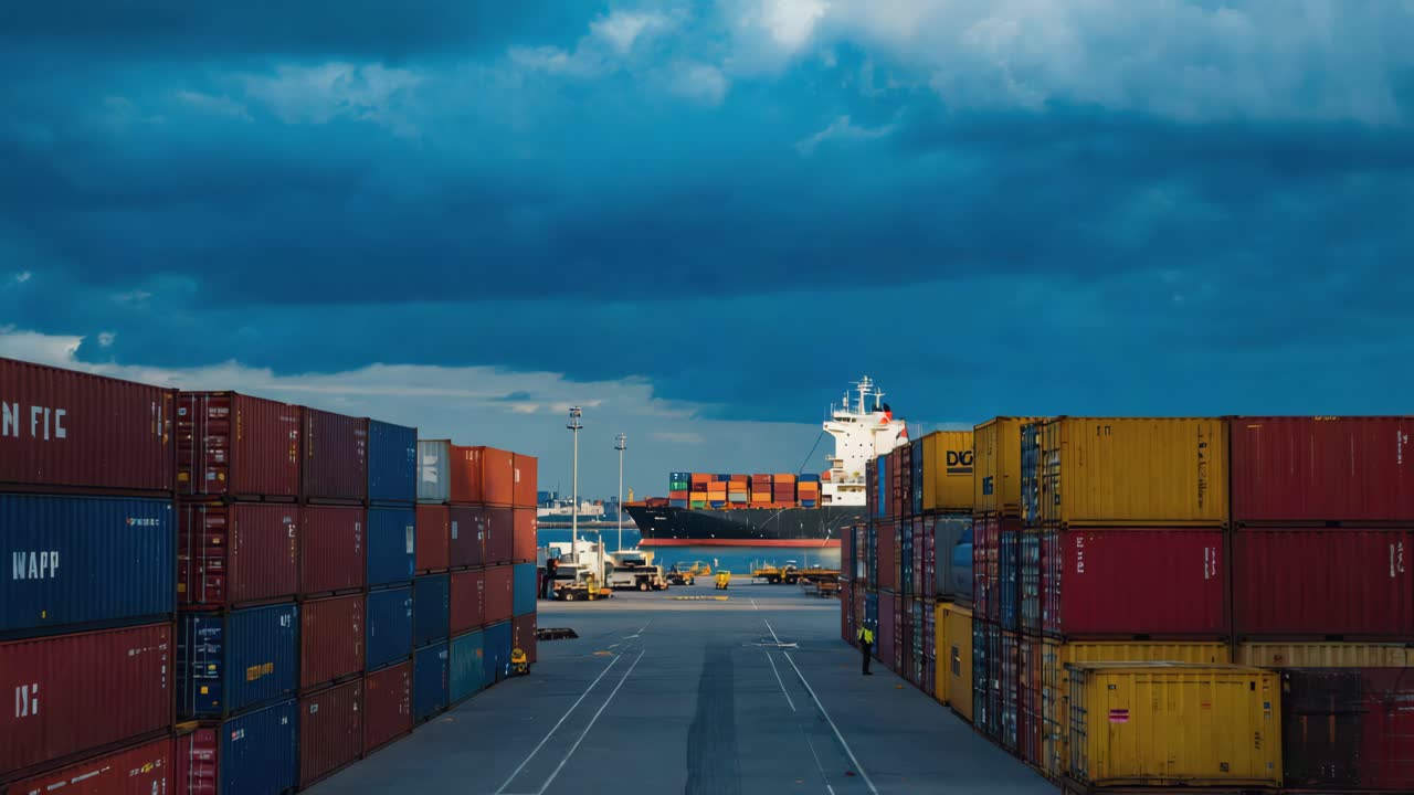 Busy Port with Cargo Ship and Stacked Shipping Containers under a Cloudy Sky