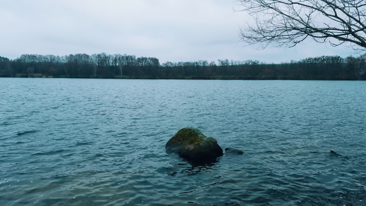 A view on the calm river on grey winter day. A stone sticking out of water. Bare trees at the waterfront at backdrop.