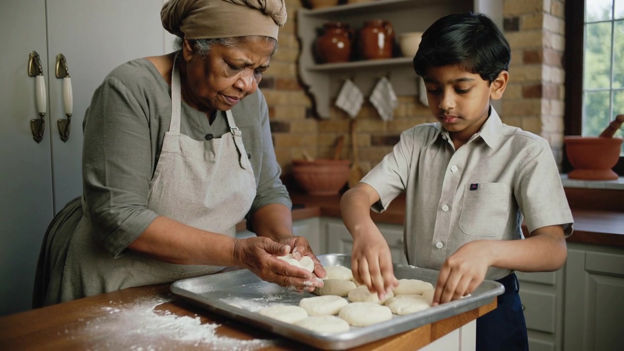 Shaping senior wearing apron teaching boy in uniform in kitchen, arranging dough on baking sheet