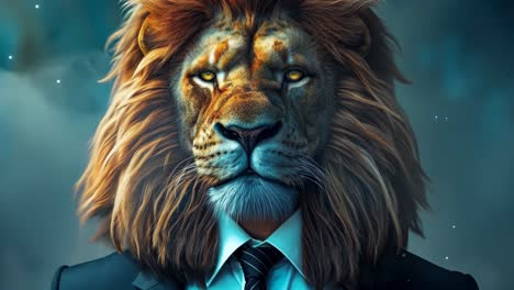 un hombre con un traje y corbata con la cabeza de un león en sus hombros