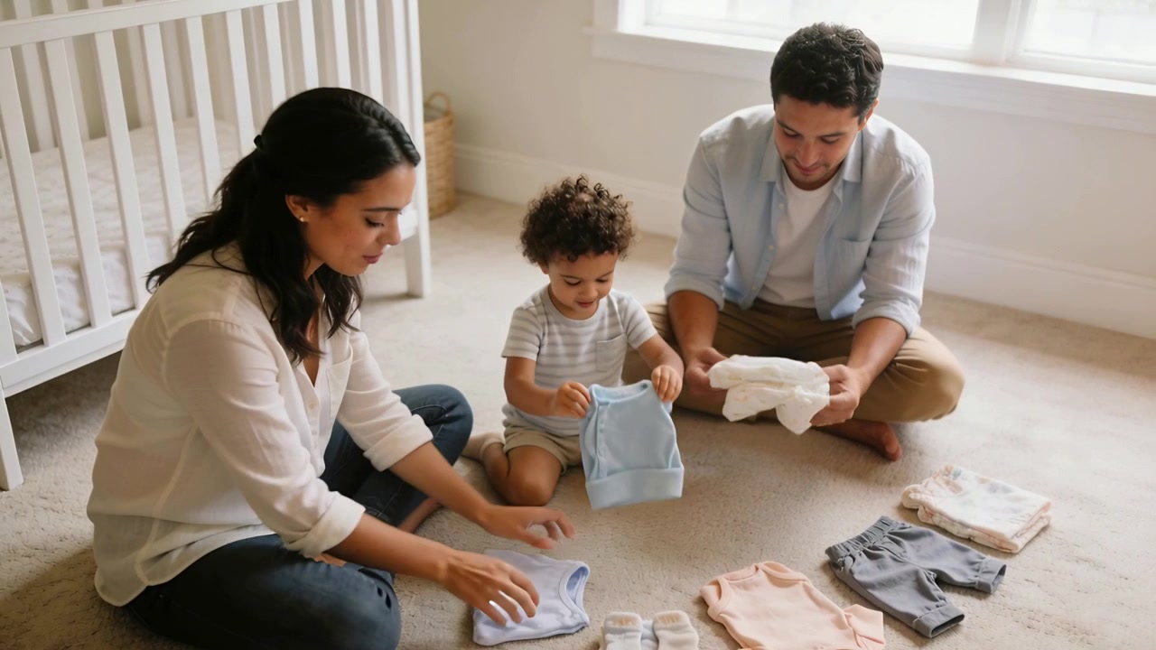 Uma mãe estende a mão, incentivando os pais a dobrar roupas perto do berço, enquanto uma criança pequena de macacão mostra uma blusa para o bebê.