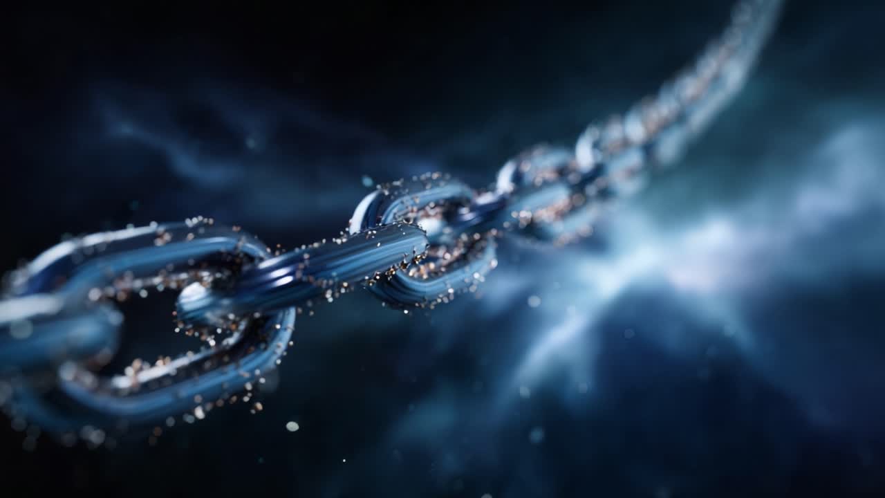 A mesmerizing journey through an ethereal cosmic chain, intricately linked and shining with sparkles amidst a dark, starry background, evoking a sense of depth and infinity