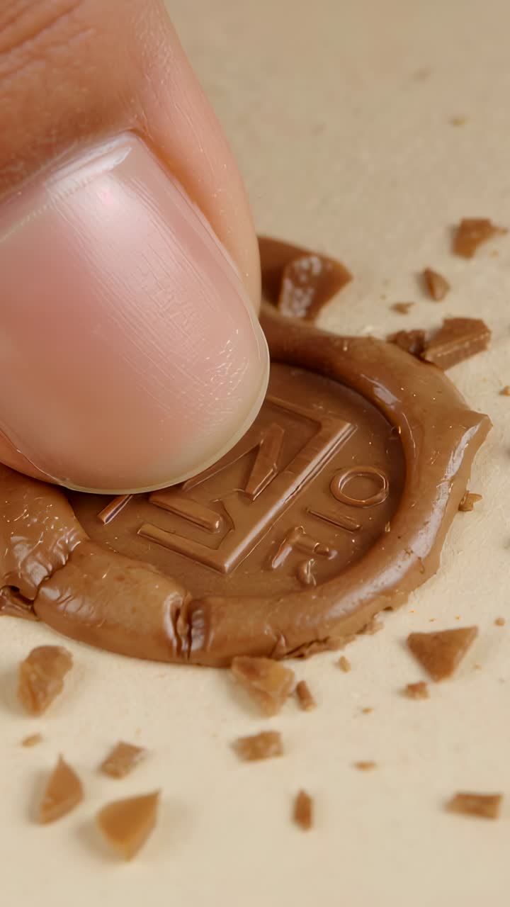 Vertical video: Pressing fingertip on round seal on beige table, cracking chips revealing letter M