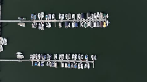 Top-Down-Aerial-View,-Moored-Boats-in-Green-Lake-Water,-Dillon,-Colorado-USA,-High-Angle-Drone-Shot