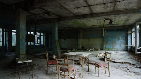 abandoned commercial building with furniture in pripyat, zoom out view