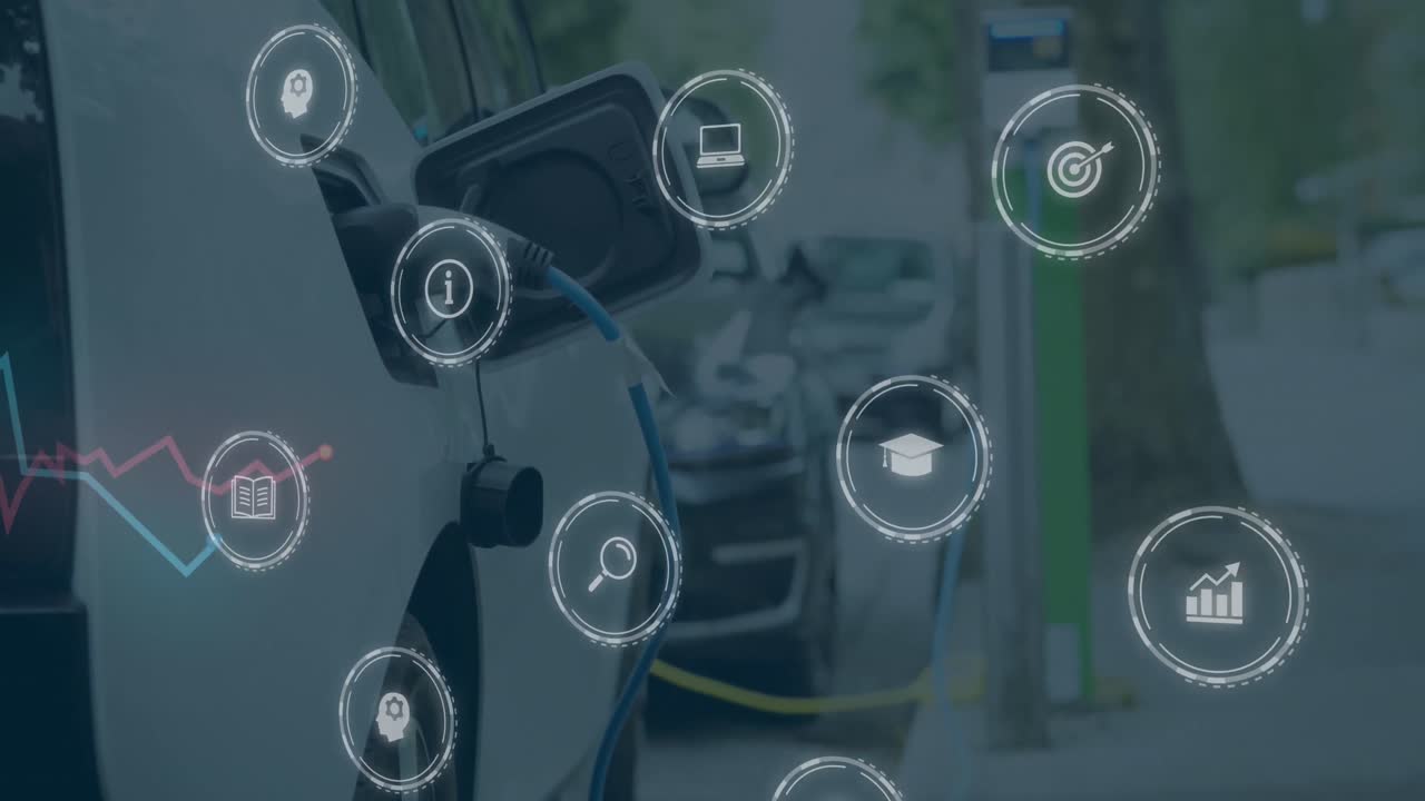 Animazione di icone digitali multiple su una spina a pompa di un cavo di alimentazione che ricarica un'auto elettrica