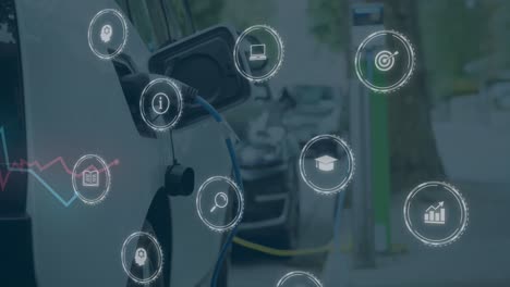 animación de múltiples iconos digitales contra el enchufe de la bomba del cable de alimentación en la carga de energía para el coche eléctrico.