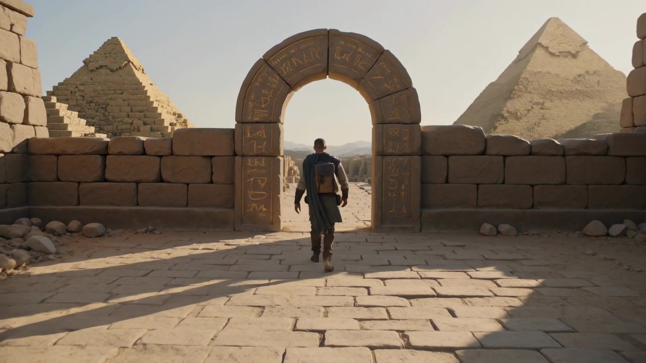Iniziando in un tempio, uomo che cammina con tunica e tracolla che entra in un arco intagliato verso le piramidi, con figura ammantata a sinistra.