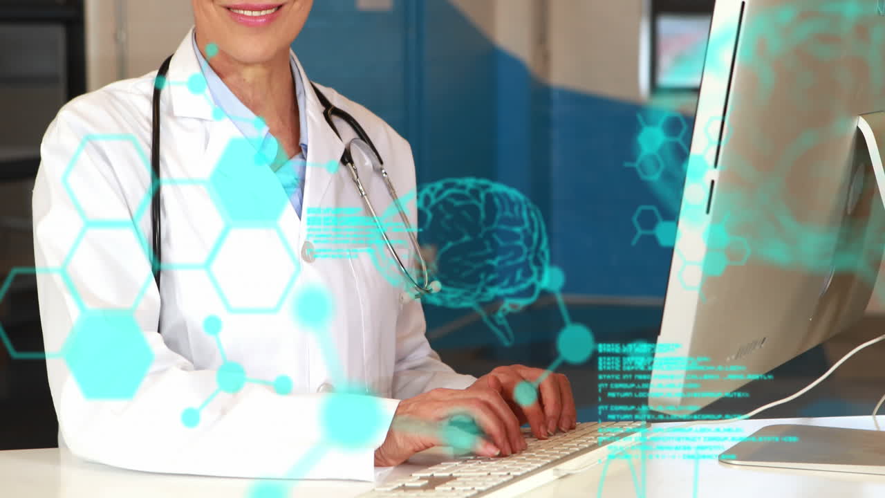 animación de la codificación, el cerebro, la estructura molecular, el científico caucásico sonriente usando la computadora