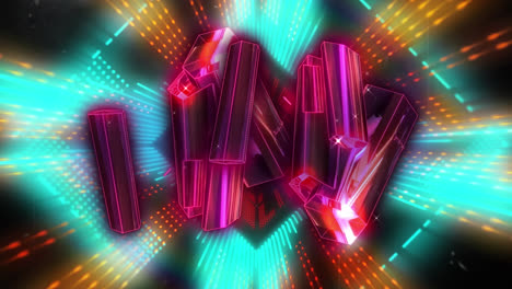 Animation-Rosafarbener-Kristallformen-über-Neontunnel-In-Nahtlosem-Muster-Vor-Schwarzem-Hintergrund