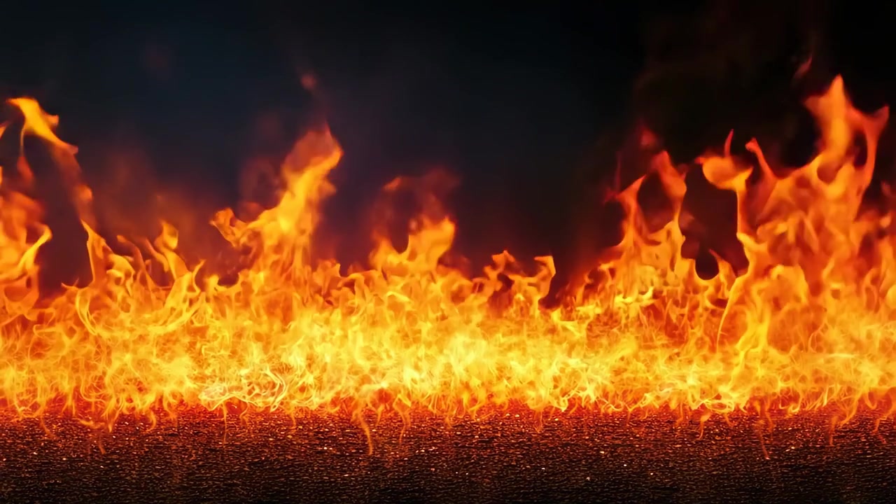 Intens flammevæg brændende på asfaltoverflade