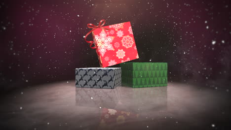Animated-closeup-Christmas-gift-boxes-on-snow-and-shine-background-3