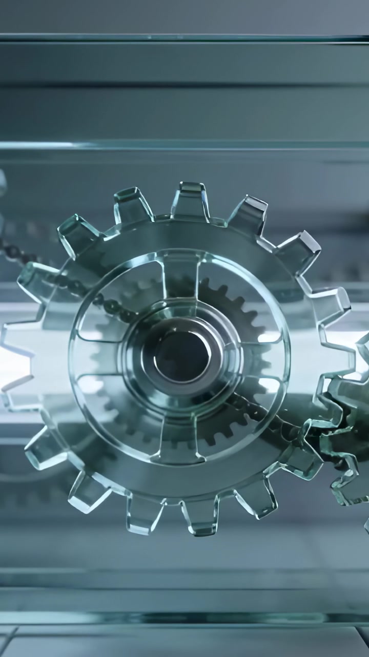 Vertical video: Motor engaging, large clear gear turning slowly in lab for test, meshing small gear
