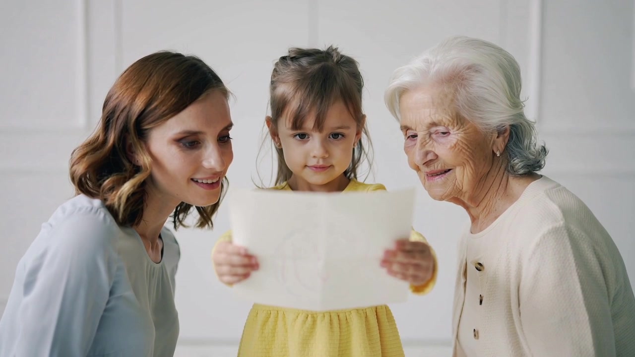 Una bambina con un vestito giallo, che guarda in basso e alza un foglio bianco, presenta un disegno alla nonna a casa