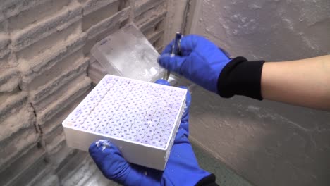 hand with tweezers taking frozen biological blood and tissue tube samples in freezer of biobank