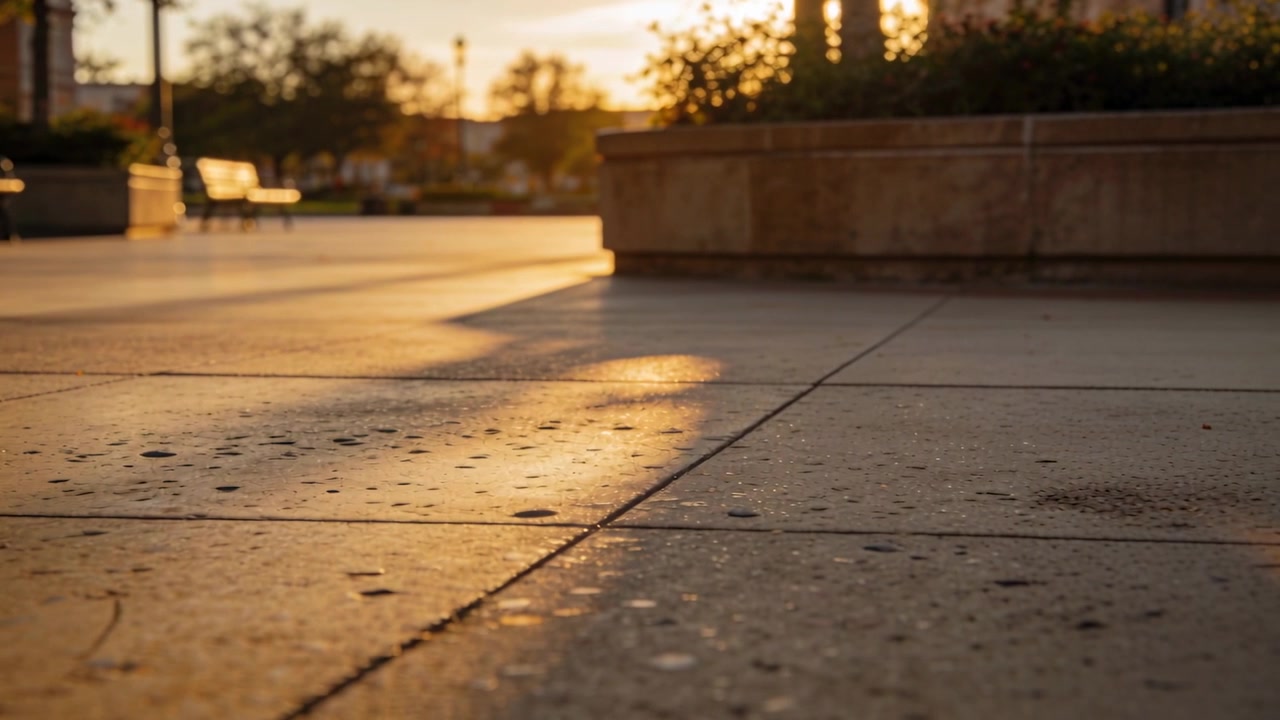 Shifting sunlight across tiled pavement at urban plaza with sun lowering, casting planter shadow