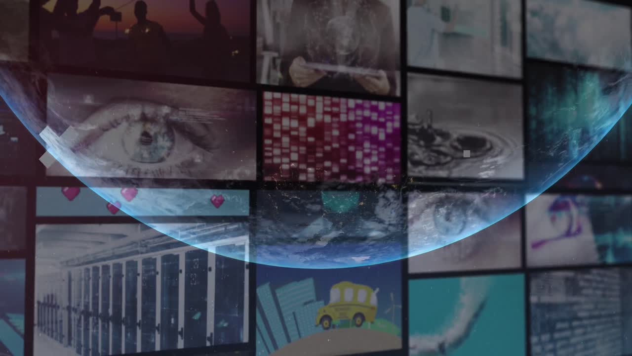 여러 다른 비디오에 대한 지구와 아이콘의 애니메이션