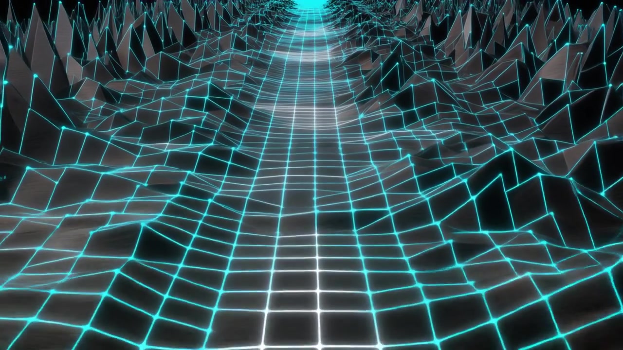 Abstract Digital Landscape with Glowing Neon Grid and Mountains