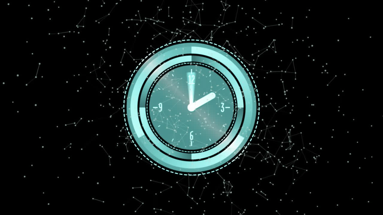 animación de escáner de cara de reloj con manillas en movimiento rápido sobre redes blancas en negro