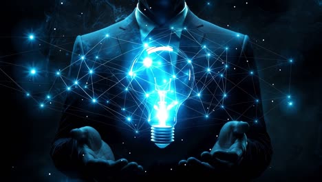 businessman holding glowing light bulb with growing network connections