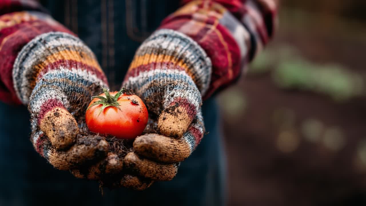 A Gardener's Pride: Holding a Freshly Harvested Tomato with Love in Well-Worn Gloves, Signifying Bounty and Care from the Garden's Soil to Your Table
