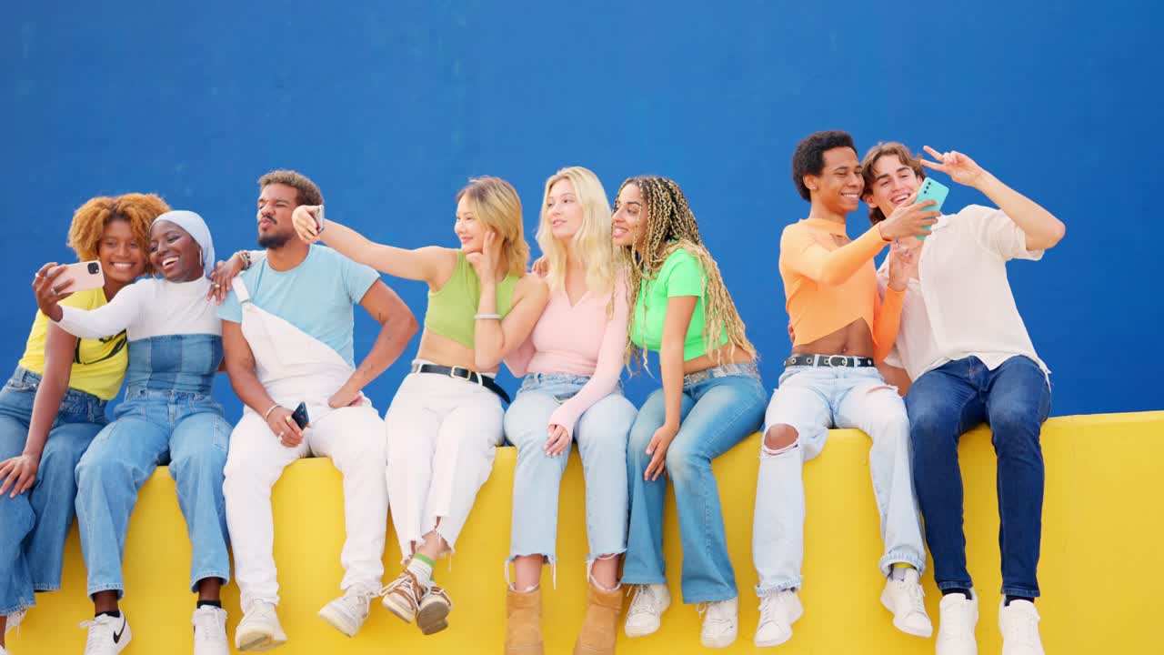 Multi-ethnic friends sitting on a colorful wall taking selfies