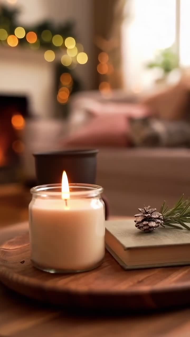 Mum, kitap ve kupanın bir masanın üzerinde olduğu sıcak bir video sahnesi. Samimi, davetkar atmosfer, yakın çekim açısı