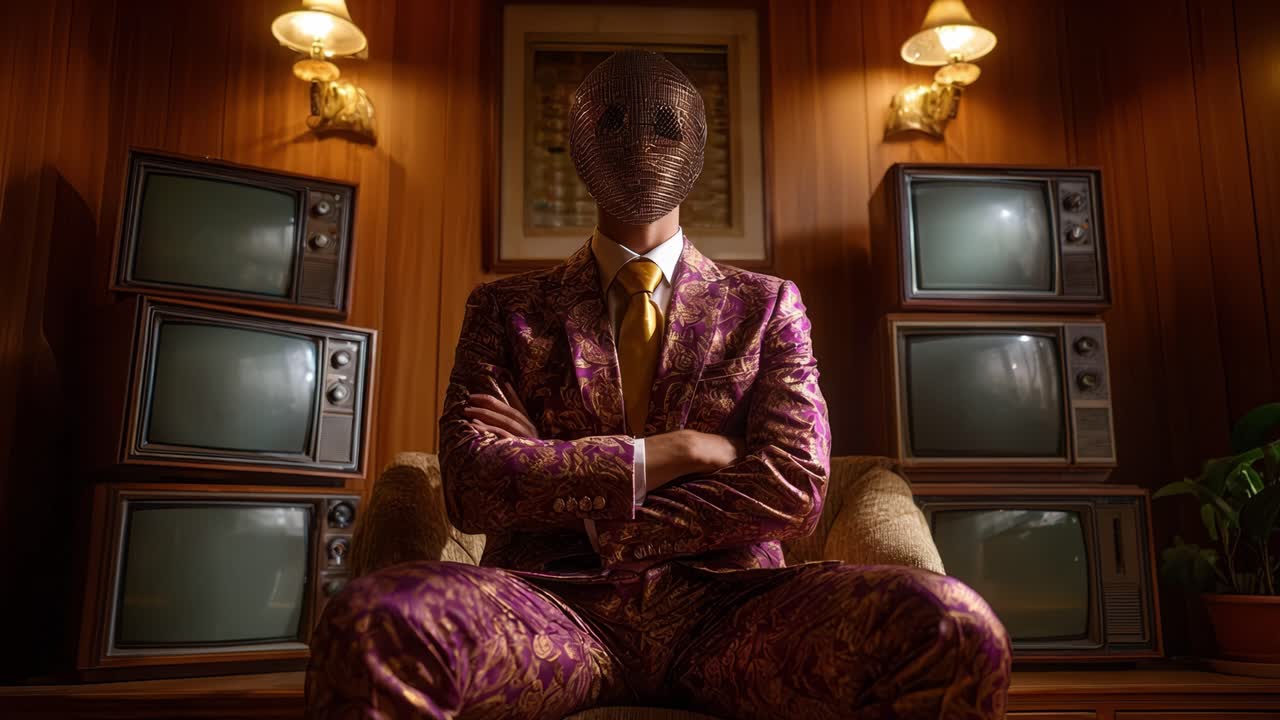 Una figura misteriosa in un sontuoso abito con una testa a palla da discoteca riflettente, circondata da televisori vintage, crea un'atmosfera intrigante di glamour ed enigma.