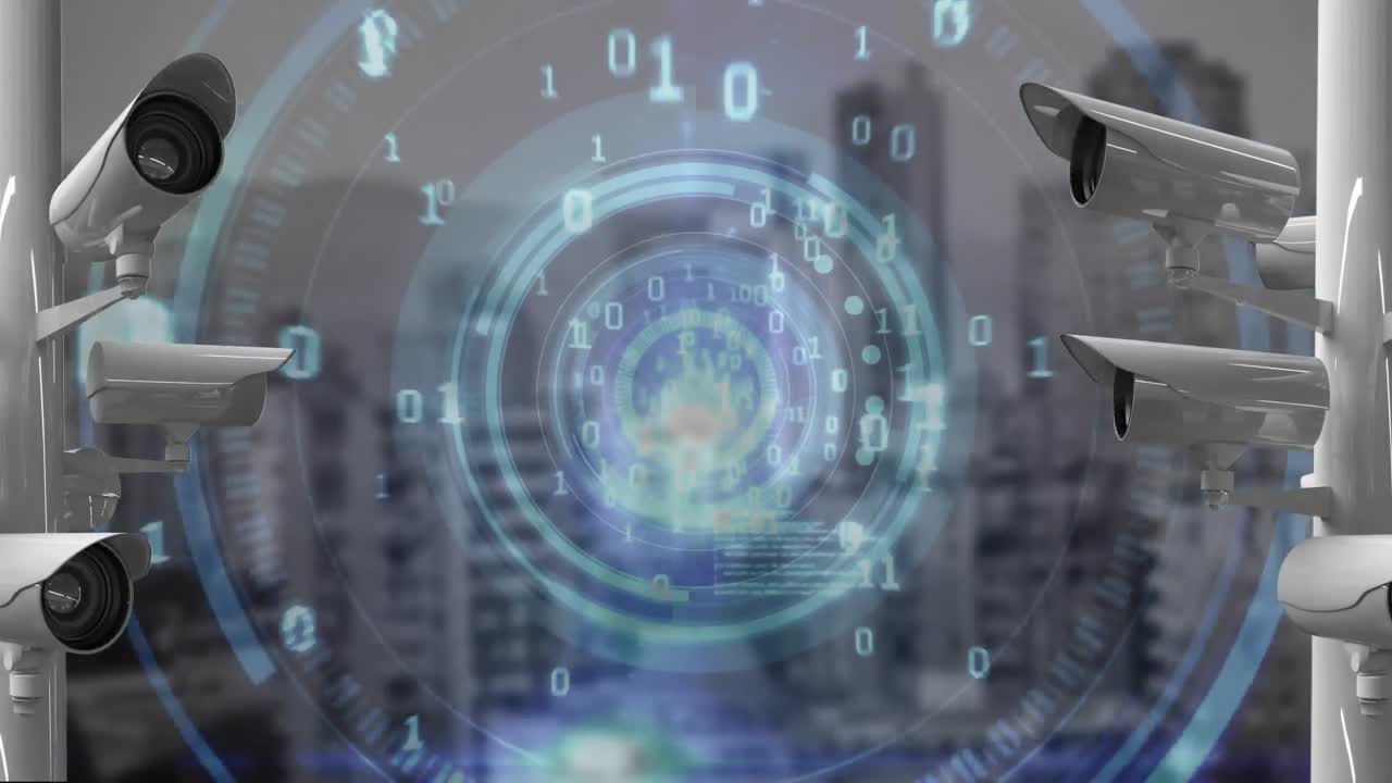 анимация человеческого глаза и камеры, записывающие городской пейзаж на заднем плане.