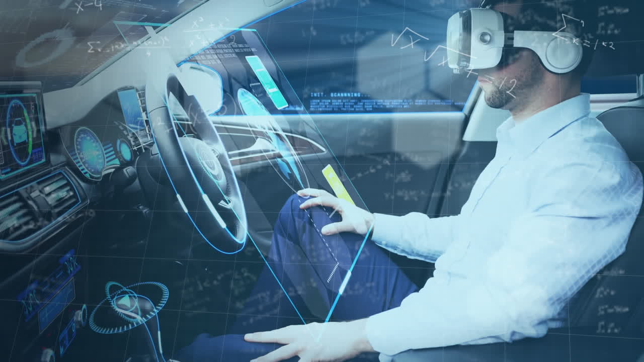 animación de pantallas de información con auriculares man in vr utilizando un coche de conducción autónoma