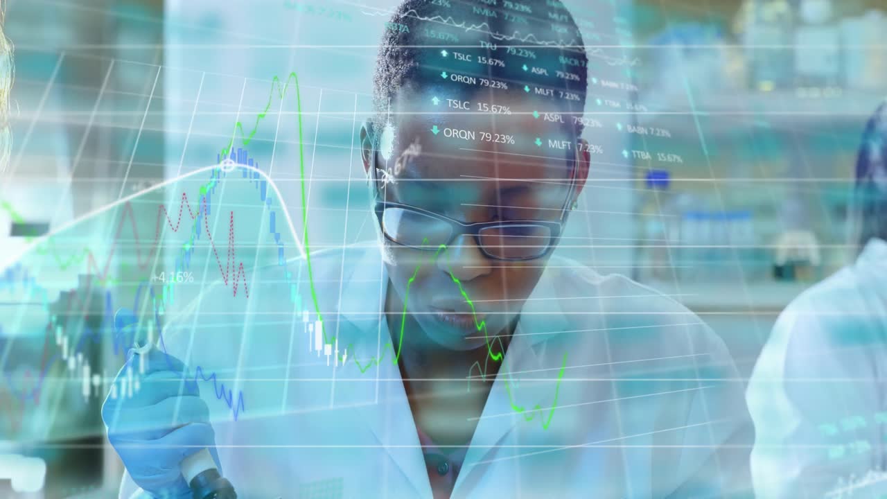 Animation of floating diagrams over African American female doctor examining with other doctors