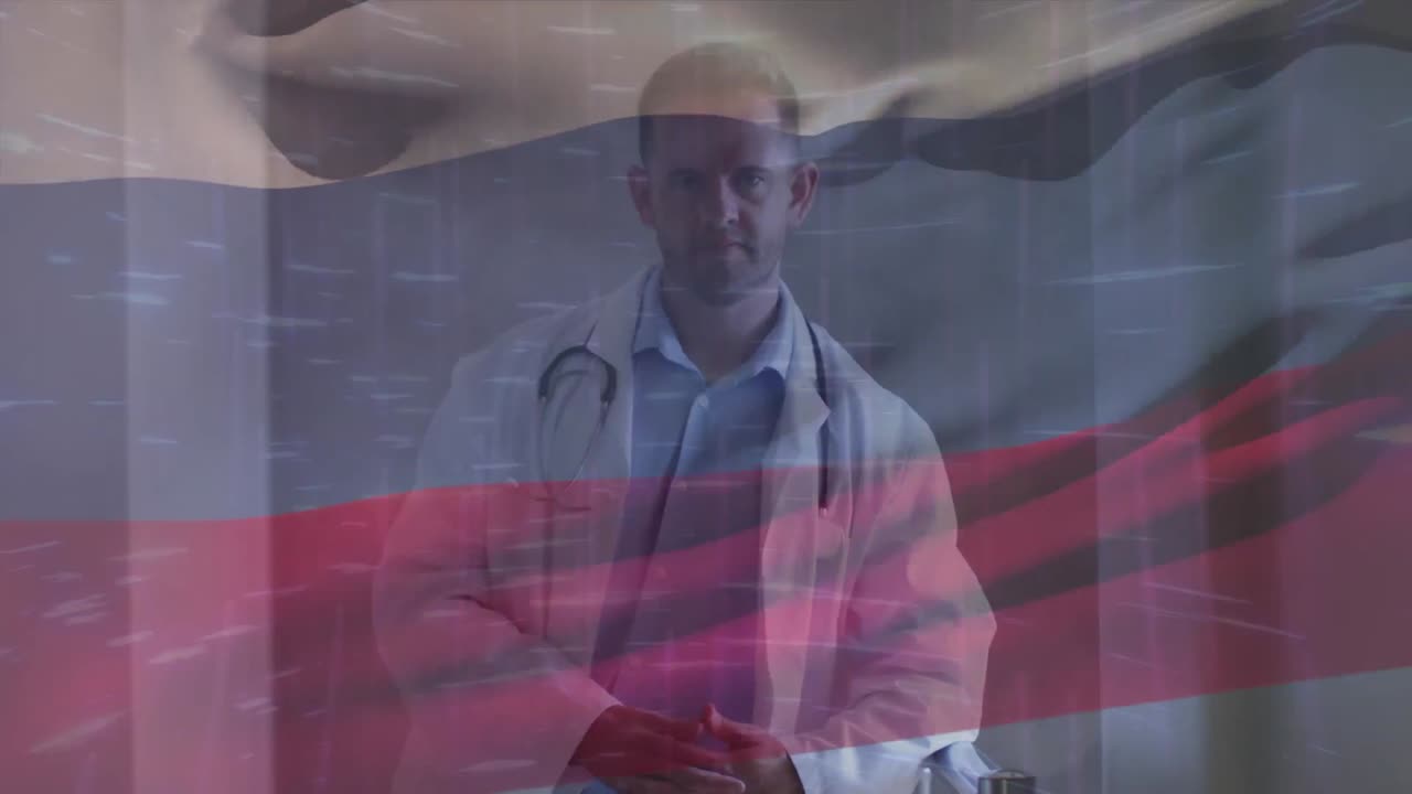 병원에서 서 있는 두 인종의 남성 수석 의사에 대해 러시아 발을 흔들고 있는 애니메이션