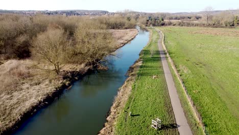 idyllic stour walk british river stour chartham rural landscape aerial rising shot above green kent countryside