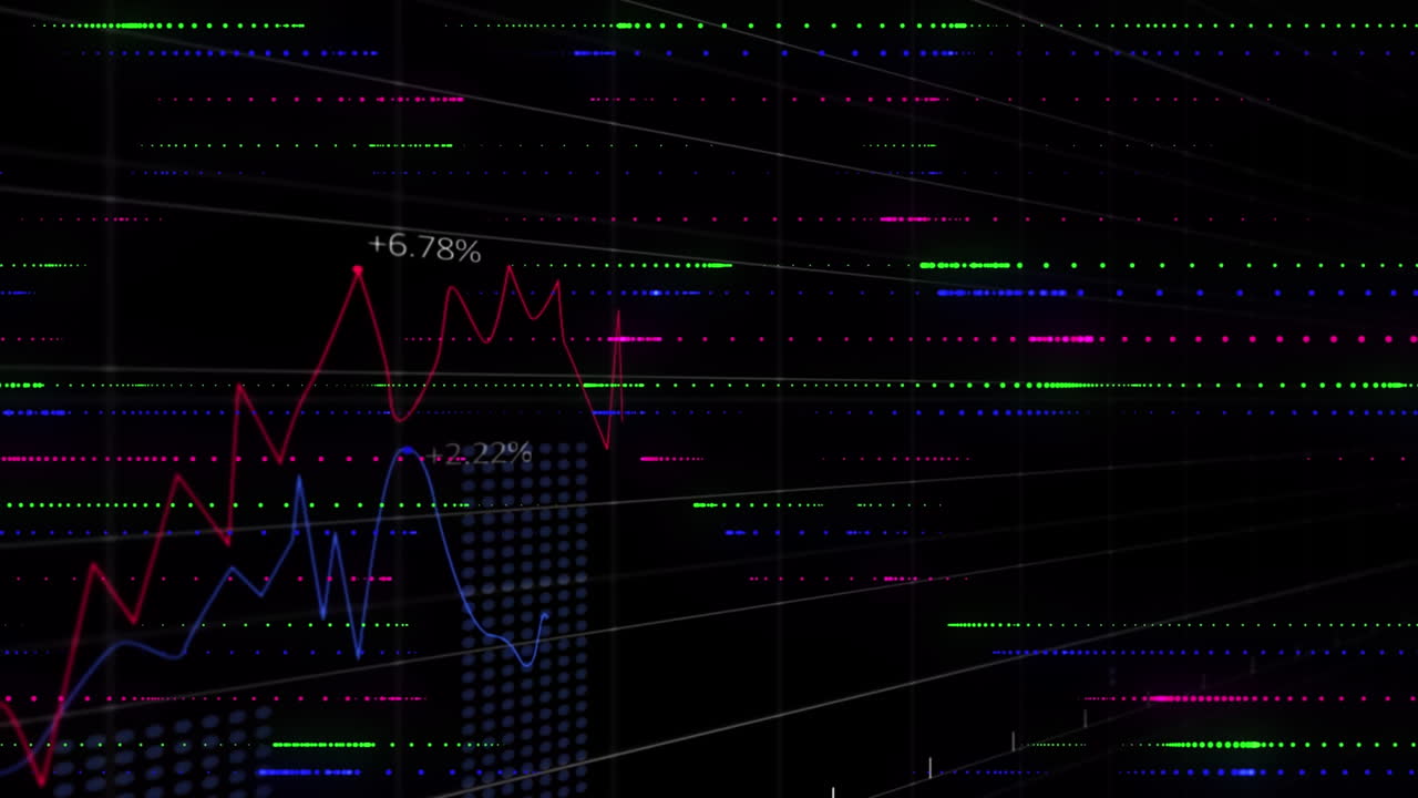 Animation of data processing and spots on black background