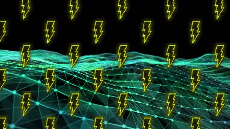 Animation-of-thunderbolt-icons-in-seamless-pattern-over-green-digital-wave-against-black-background